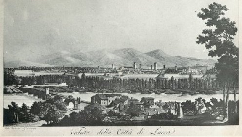 Veduta della città di Lucca da Monte San Quirico-stampa del secolo XVIII (A.S.L. Raccolta di stampe)
